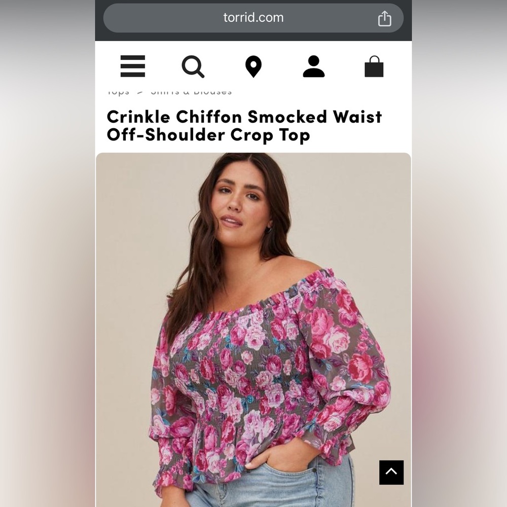 Torrid Crinkle Chiffon Smocked Waist Off Shoulder Crop Top